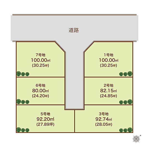 【全体区画図】
北西側の前面道路の幅員は約6.7ｍとゆとりがあります。街区内は行き止まりで通り抜けができないため、住民以外の通行や車通りが少ない落ち着いた立地です。