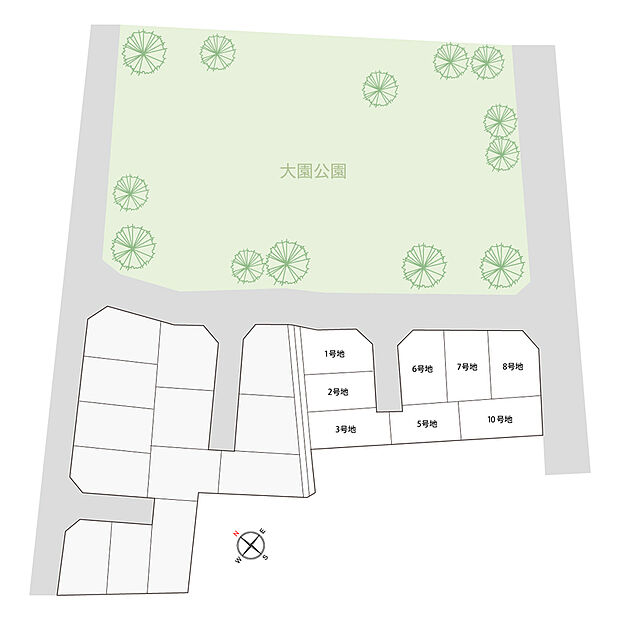 【全体区画図】隣接する大型公園から爽やかな風が渡り、お子様の豊かな情緒を育む街。生活施設が徒歩圏内に充実する「利便性」と「落ち着き」を兼ね備えたロケーションが、ご家族との豊かな日常をもたらします。
