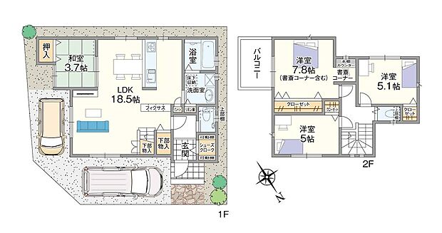【4LDK】約18.5帖のLDKと約3.7帖の和室を一体化して使える、大家族にも嬉しい4LDKプラン。キッチンにはストック食品の収納に便利なパントリーをご用意致しました。忙しいママに注目していただきたいのは、キッチン⇔洗面室の短い動線。お料理やお洗濯などの家事も水廻りが集中しているとストレスをグンと軽減してくれるでしょう。リネン庫や玄関のシューズクロークなど、いつも美しい室内を保っていただけるよう、収納スペースも多彩にご用意いたしました。