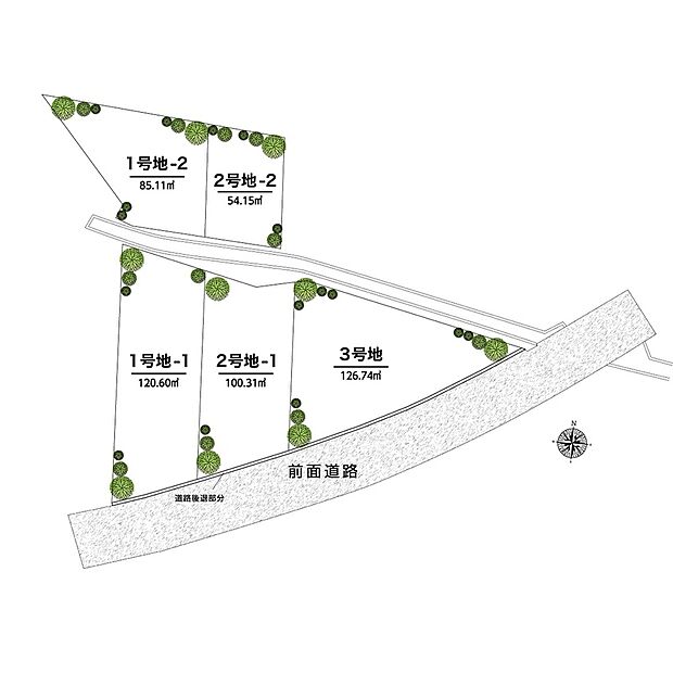 南東側道路に面した全区画30坪以上のゆとりある敷地◎1・2号地の北側には家庭菜園等が楽しめる土地付きです(1号地-2、2号地-2部分は建築不可となります)。