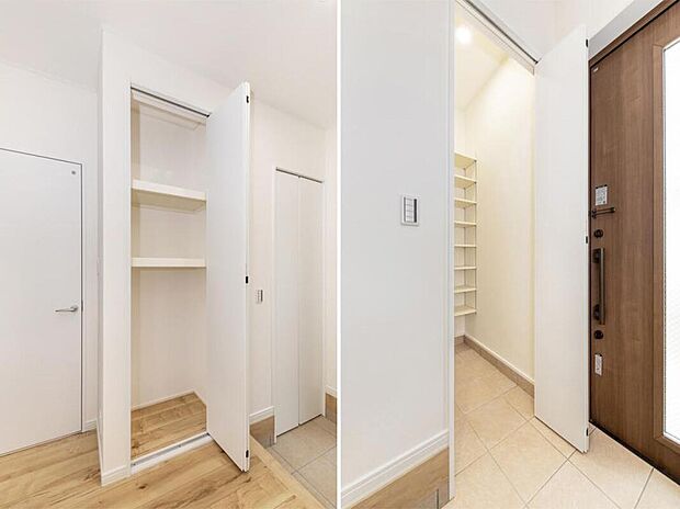 【【玄関/5号地】】大容量のシューズクロークと玄関収納を設けました。たくさんの靴はもちろん、ベビーカーやゴルフバッグなどの大きな荷物もたっぷりと仕舞えます。