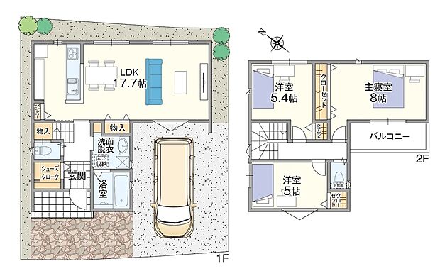 【3LDK】LDKはキッチン、ダイニング、リビングをストレートに配置し、一体感あるI型。玄関にはシューズクロークを備え、LDKや水回り、2階など、どこでもアプローチができるホール階段仕様です。