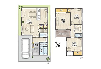 LDKは広々約17.5帖！開放感ある対面キッチン×リビング階段によりご家族と会話が弾みます。洗面化粧台は玄関から直接アプローチができ、脱衣室と別で使いやすい水回り動線を実現。収納も充実しています。 
