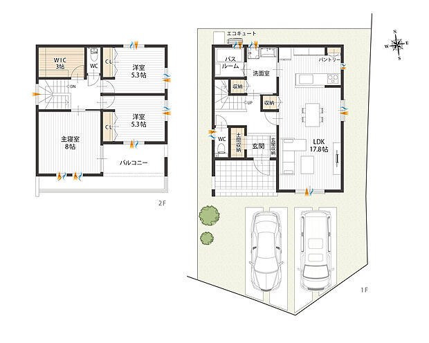 【区画図】42坪超の敷地面積を活かし、車2台並列駐車可能(車種による)。玄関～洗面室～LDKを回遊でき、家事効率◎約3帖WICや土間収納、サニタリーなど適材適所に収納を配置し、スッキリと片付きます。