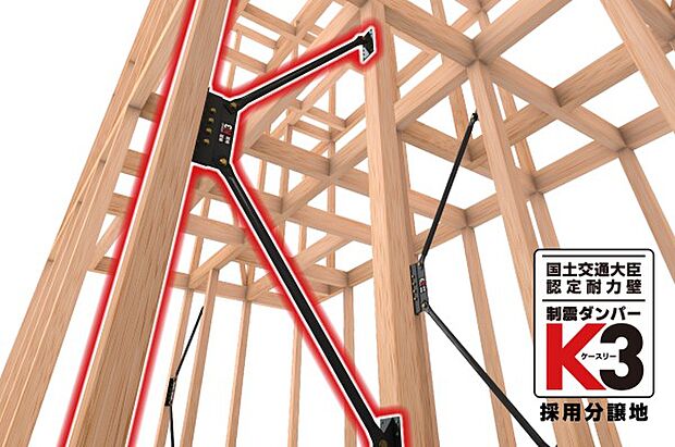 国土交通大臣認定耐力壁「高性能ダンパーK3」。フレームの強さで地震に「対抗」する耐震性能と揺れにブレーキをかけて「抑制」する制震性能の相乗効果で、繰り返し起こる地震にも高耐久で住まいを守り続けます。