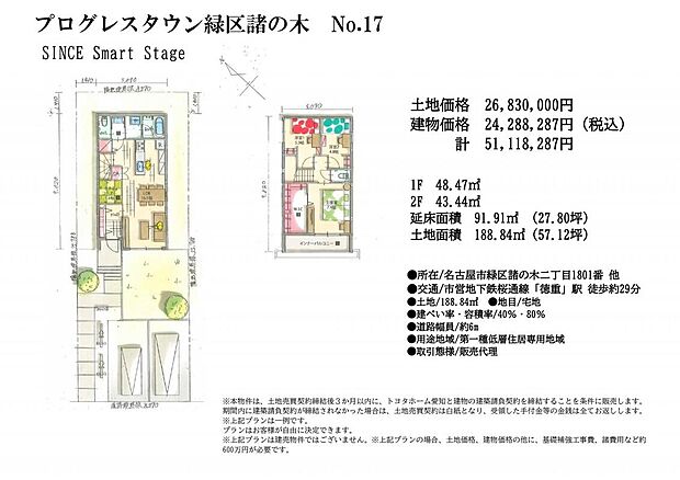 【プログレスタウン緑区諸の木 No.17】参考プランでは、約57坪の敷地を活かし、駐車スペースとゆとりある庭を確保した配置計画。室内は家族が集まるLDKを中心に、水まわりをまとめた使いやすい動線を採用し、暮らしやすさに配慮された住まいです。