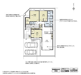 主寝室と洋室、リビングと続き間の洋室を備えた3LDKの平屋です。主寝室、洋室、リビングの間に廊下を挟み、トイレを洗面室の横にも計画することで、プライバシーに配慮した設計となっています。

※設計性能評価取得済 