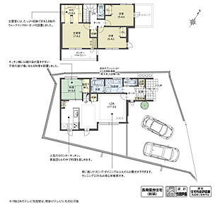 主寝室に約4畳の広々としたウォークインクローゼットを設けました。回遊できるようになっているため、まるでブティックのような空間でストレスなく洋服を選べます。LDKと続き間の和室も取り入れた、使い勝手の良い間取りです。

※設計性能評価取得済 