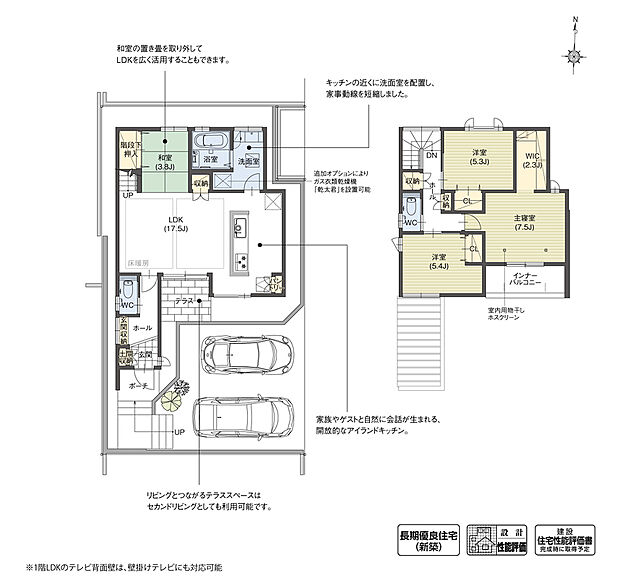 【4LDK】リビングの延長としてテラスを計画し、内と外を緩やかに繋げることで、開放感のある空間を演出しました。アウトドアリビングのようなテラスでBBQやカフェなどを楽しめば、家族で充実したおうち時間を過ごせます。

※設計性能評価取得済