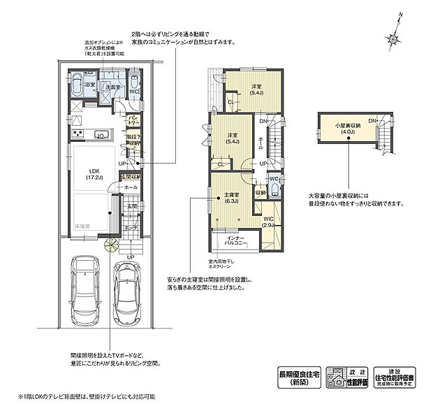 【3LDK】小屋裏空間を活用したゆとりのある収納スペースをもつ住まいです。季節物や大きな荷物を収納するのに便利な空間となっています。またLDKに計画した造作のTVボードによって、魅力的なリビング空間に仕上げました。
※設計性能評価取得済