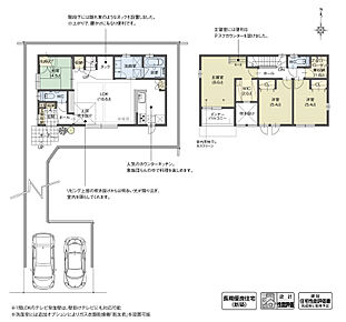 リビング横に、階段下空間を利用したヌックを計画。家族団らんの場として使用したり、おこもりスペースとしてゆっくり寛いだりできる心地の良い場所となっています。また、リビング上部には吹き抜けを設け、自然の光が降り注ぐ明るい空間を演出しました。

※設計性能評価取得済 