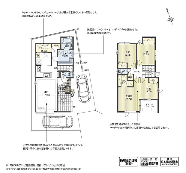 【4LDK】洗面室に洗濯物をすぐに乾かすことができるランドリースペースを設けました。ファミリークローゼットが近いため、乾かした洗濯物をすぐに片付けることが可能。短い家事動線によって、家事が楽になる住まいです。

※設計性能評価取得済
※別途私道あり6.80ｍ2