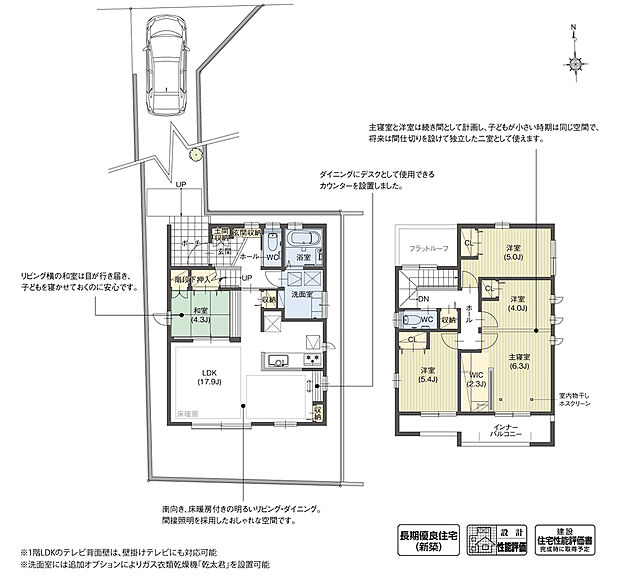 【5LDK】リビングと続き間の和室を計画し、2階には4部屋を設けた5LDKの住まいです。主寝室と洋室は続き間となっており、間仕切りによって2室にすることが可能。住み手に合わせて柔軟に使い分けられる間取りです。
※設計性能評価取得済