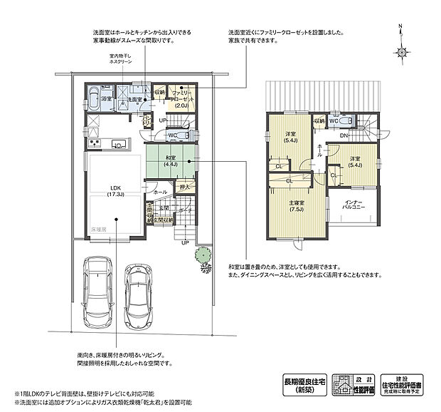 【4LDK】洗面室の近くにファミリークローゼットとトイレをまとめ、身支度や洗濯の動線を効率化。またLDKと続き間の和室は置き畳のため、外してリビングと一体的に使用することも可能。暮らしの変化に寄り添う住まいです。
※設計性能評価取得済
