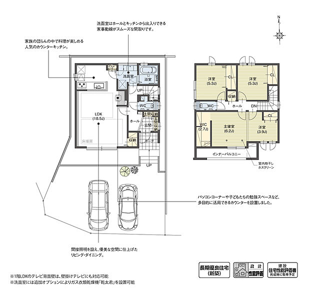 【4LDK】テレビ面からソファまで2.5間の距離を確保し、ゆとりのあるリビングを計画。ダイニング横には便利なカウンターを設けました。また2階の主寝室と洋室は間仕切り仕様で、将来の暮らしの変化に柔軟に対応できます。
※設計性能評価取得済