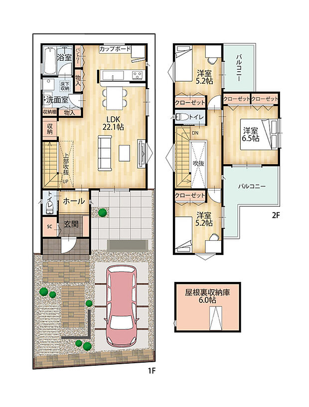 ■E号地モデルハウス
土地面積 123.87m2(37.47坪)
延床面積 98.75m2(29.87坪)
1階床面積 55.90m2 2階床面積 42.85m2