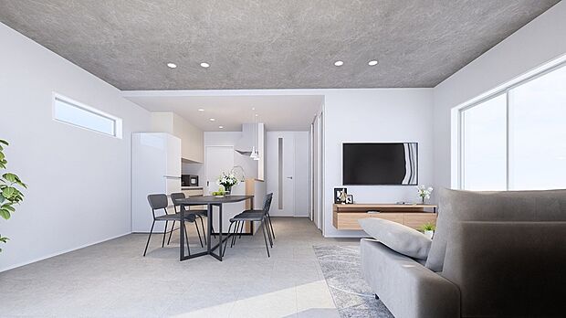 【LDK】大理石を表現したアクセントクロスを天井に取り入れることで、解放感・清潔感をより感じられる空間となっています。