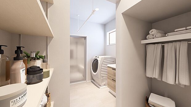 【【洗面室/パース】】洗面室に隣接したウォークスルータイプの収納です。ハンガーパイプと収納棚を備えており、ご家族の衣類やバスタオル、洗剤のストック類などをまとめて仕舞うことが可能です。