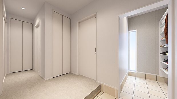 【大容量の玄関クローク】24足ほど収納可能。可動式の棚となっているため、高さのある靴も収納可能