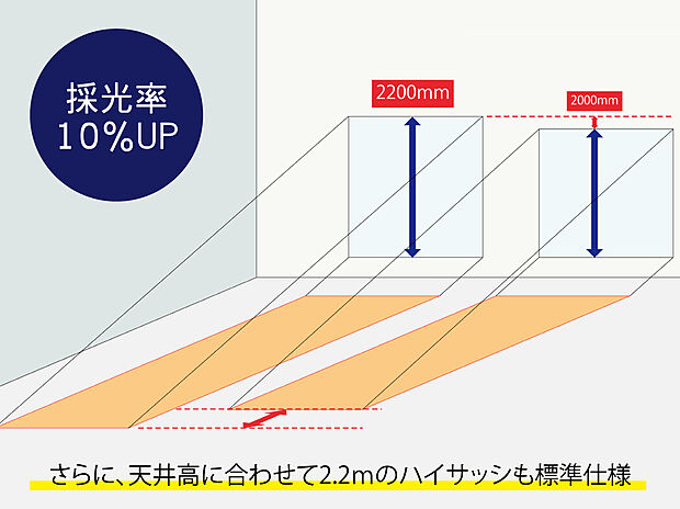 【2200mmのハイサッシ採用】一般的な高さの2000ミリの高さのサッシより、200ミリも背の高い2200ミリのサッシを採用しました。光の入り方が違います。