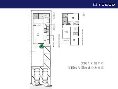 日当りの良い南向きの土地に白の外壁に大きな窓が映える外観美。
室内と外を繋げる、ひろ～いお庭も魅力。
約１８帖の広々ガーデンスペース。広々玄関にシューズクローク。2.7ｍのたか～い天井＆たか～い窓からは光をたっぷり取り込みます。毎日の動線や収納力もデザインする、トスコの家。 