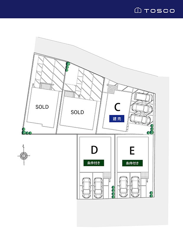 【区画図】角地で駐車スペースは並列ラクラク3台駐車可能
