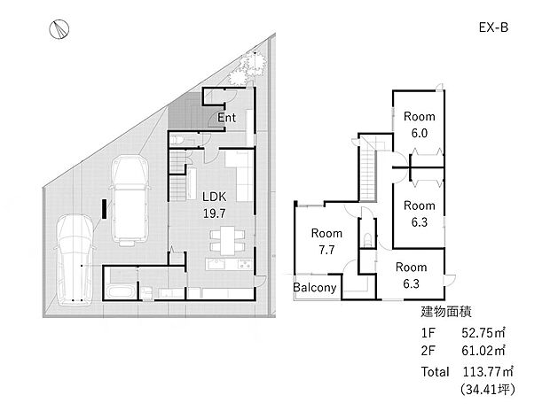 【B区画 参考プラン】建物プラン例:B区画建物価格:2880万円/建物面積:113.77m2/地盤改良費用・上下水道引込費用・外構費用を含んでいます。