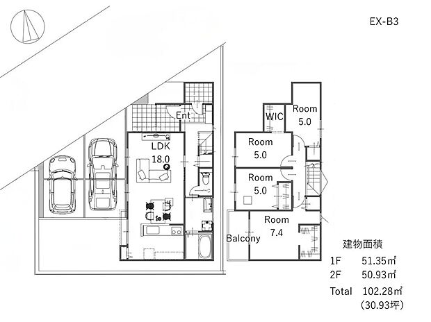 【B区画 参考プラン】建物プラン例:B区画建物価格:2680万円/建物面積:102.28m2/地盤改良費用・上下水道引込費用・外構費用を含んでいます。