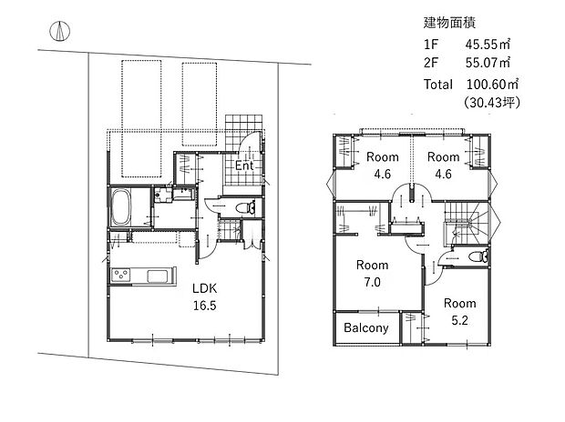 【2階建て参考プラン】限られた敷地条件を有効活用した、30坪4LDKの住まい。2階部分のオーバーハングにより駐車スペース2台分を確保しながら、16.5帖のLDKや4つの居室を実現しました。北側の洋室2室は将来間仕切りの変更にも対応でき、お子さまの成長やライフスタイルの変化に合わせてフレキシブルに使えるプランです。