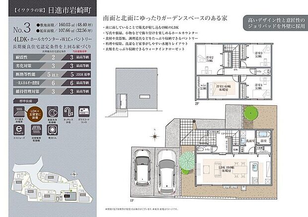 【間取図/No.3】
水回りを集約した家事動線の良い住まい。忙しい家事をサポートしてくれます。LDKにはパントリーとリビング収納があり、住空間を広く使用可能。南・北の2面にガーデンスペース付きです。
