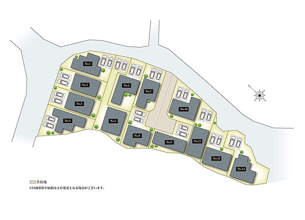  【全体区画図】
全13区画の分譲地。自由設計対応で、憧れのマイホームを建築していただけます。駐車スペースは2台分(車種による制限有)！セカンドカーをお持ちのご家庭にも嬉しい仕様です。