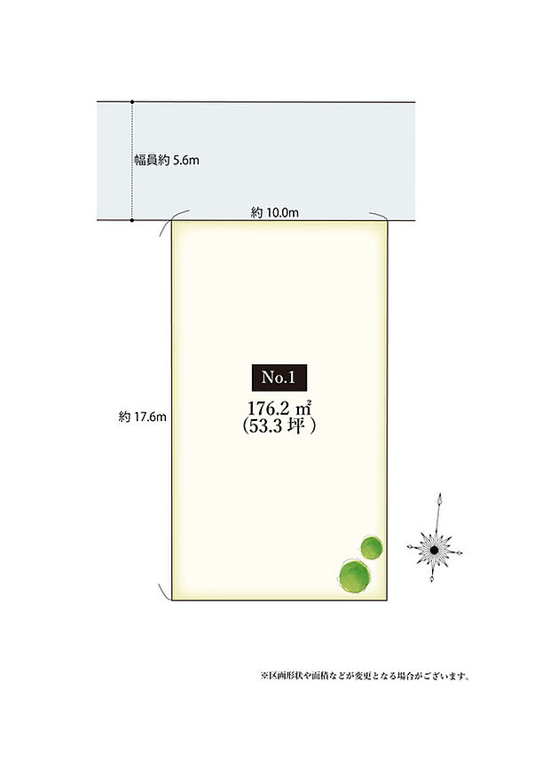 【【区画図】】北側の前面道路は幅員約5.6m、間口は約10.0m。建ぺい率は60%、容積率は200%です。設計の自由度が高い土地形状のため、ご家族の理想が詰まった住まいが実現できます。