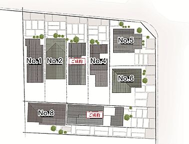 【全体区画図】
4路線が乗り入れる「桑名」駅まで自転車約7分の立地に、全8区画の新しい街並みが誕生。土地面積広々49坪超！前面道路幅は約5.2m～5.58mで、お車の出し入れをスムーズに行えます。 
