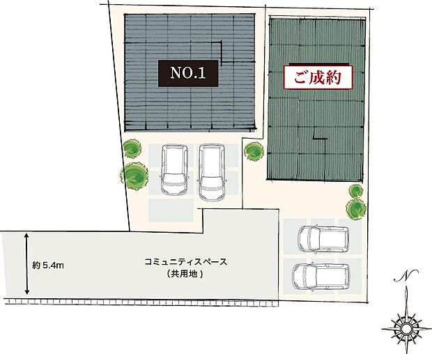 【-】全2邸の新しい住まいが誕生!55坪を超えるゆったりとした敷地で、伸びやかな暮らしを実現いただけます。分譲地南側にコミュニティスペースがあり、陽当たりのいい住環境です。