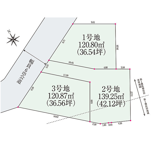 【全体区画図】
全3区画の建築条件付き宅地分譲。敷地面積は36坪以上とゆとりがあります◎自由設計対応につき、ご家族のライフスタイルに合わせた住まいをご検討可能です。