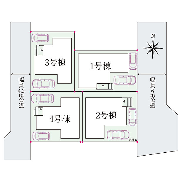 【全体区画図】
3沿線利用可能な利便性の高い立地に、全4棟の新たな街並みが誕生。カースペース2台分を設けており(車種による)、来客時に重宝します。