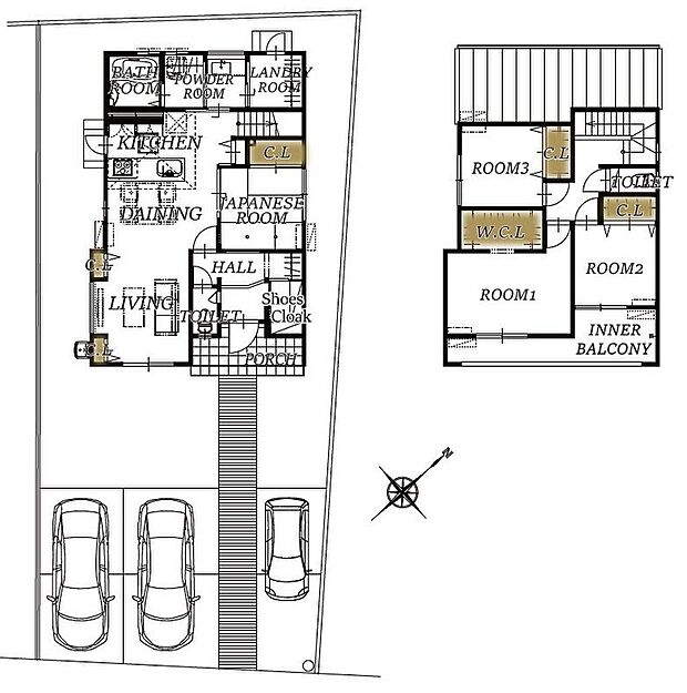 玄関には、たっぷり収納できるシューズクローク設置♪洗濯・乾燥・収納がスムーズにこなせるランドリールーム付きで、家事効率アップ!天候に左右されにくいインナーバルコニー完備♪魅力満載の4LDK♪