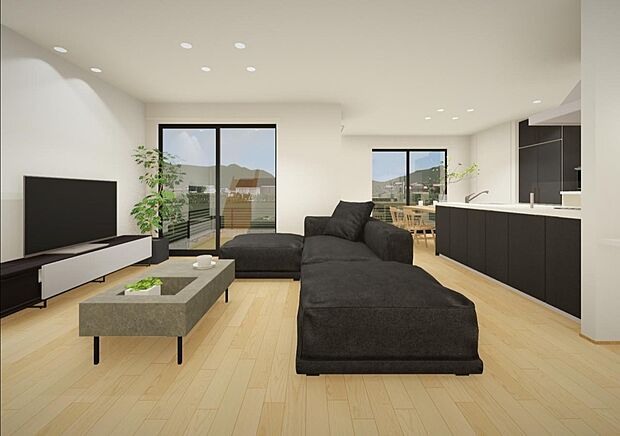 【内観イメージ(LDK)】家族が自然と集まる、広々としたLDK。
料理をしながら会話が弾む、人気の対面キッチンを採用しました。
明るい光が差し込む、開放感あふれる家族団らんの空間です。