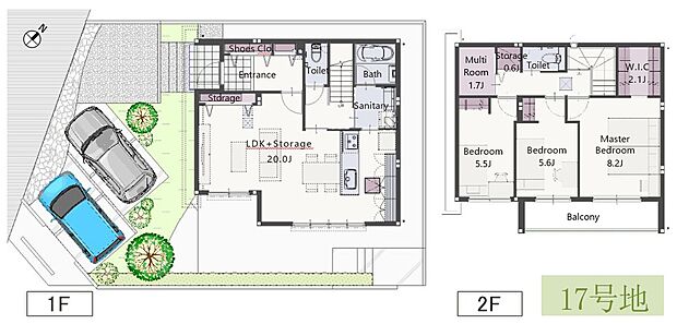 【3LDK】約20帖のLDKはゆとりある広さで、家族が自然と集まる開放的な空間。水回りを1階にまとめた家事動線と、2階に居室を配置した暮らしやすい間取りプランです。