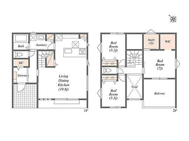 【3LDK】☆収納たっぷり回遊動線が魅力の1棟☆
LDK19.8帖＋吹き抜け3帖＋リビングイン階段＋SIC1帖＋WIC2帖＋書斎2帖＋バルコニー6帖　