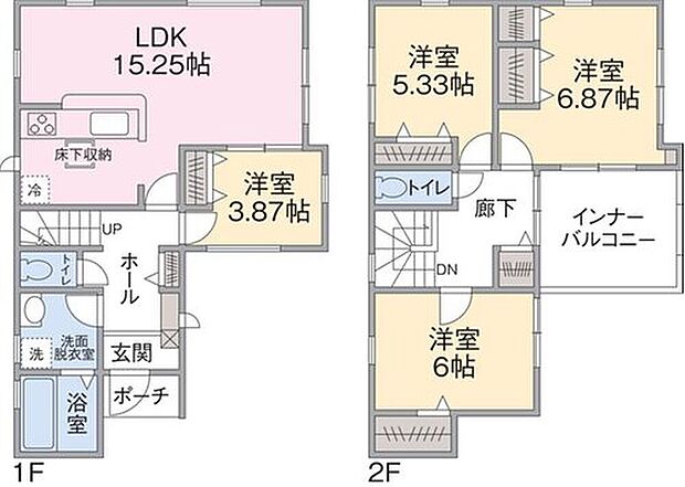 【4LDK】1F LDK15.25帖、洋室3.87帖
2F 洋室5.33帖、6帖、6.87帖、インナーバルコニー