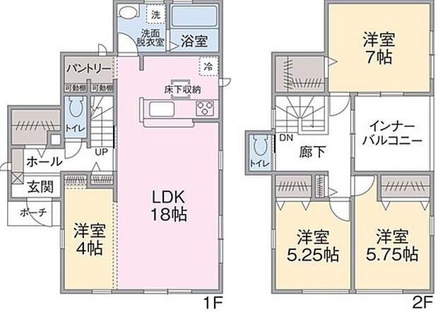 【4LDK】1F LDK18帖、洋室4帖
2F 洋室5.25帖、5.75帖、7帖、ウォークインクローゼット、インナーバルコニー
