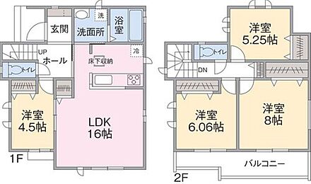 １F　LDK１６帖、洋室４．５帖
２F　洋室５．２５帖、６．０６帖、８帖 