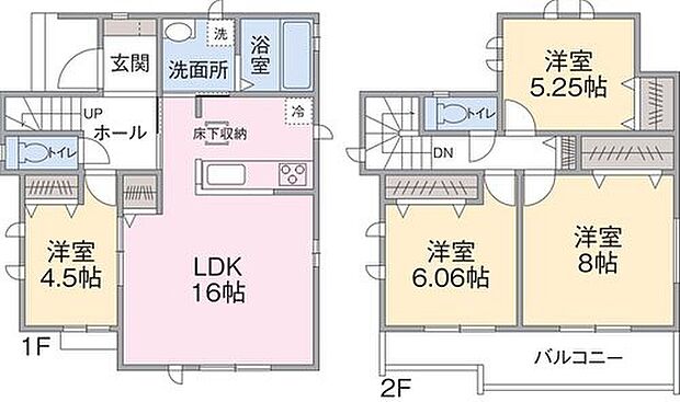 【4LDK】１F　LDK１６帖、洋室４．５帖
２F　洋室５．２５帖、６．０６帖、８帖