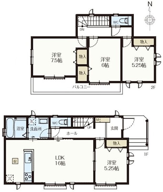 【4LDK】１F　LDK１６帖　洋室５．２５帖
２F　洋室５．６２帖、６帖、７．５帖  
