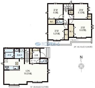 １F　LDK１８．２５帖
２F　洋室４．１２帖、４．５帖、５．２５帖、６．６２帖 