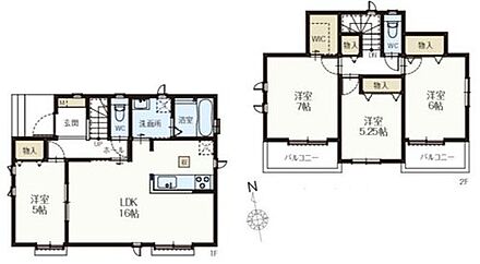 １F　LDK１６帖　洋室５帖
２F　洋室５．２５帖、６帖、７帖　WIC  
 