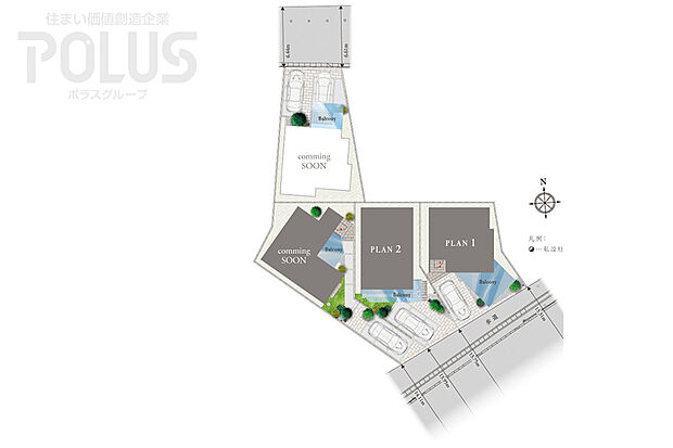 【緑豊かな眺望と明るさが溢れる配棟計画】
緑のスポットとして親しまれる別所沼公園をすぐそばに感じる立地。全4邸の前を道幅にゆとりのある前面道路が通ることで広がりを創出し、室内の採光性を高めています。