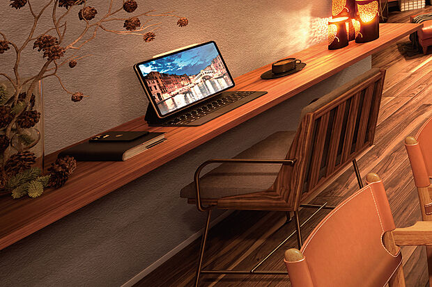 【カウンタースペース】
リビングの一角にカウンタースペースを設置しました。リモートワークやパソコンでの調べ物、お子様の勉強スペースなど、多彩な使い方ができます。※号棟により採用状況が異なります。