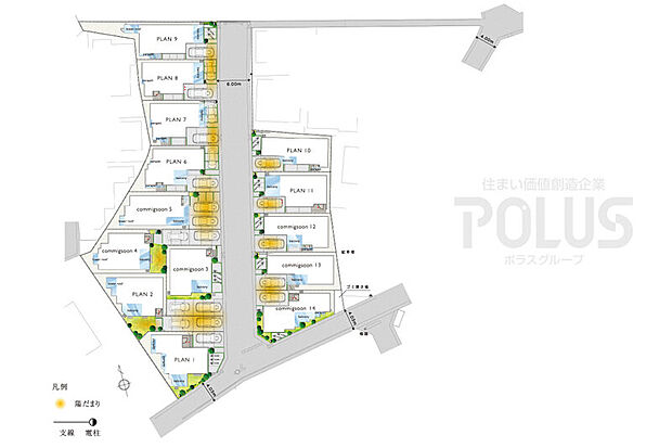 【広がりや明るさを享受できる豊かな表情を醸し出す配棟計画】
道幅6mの街区内道路は見通しもよく、通り抜けができないため住民以外が利用しにくく安心。北側に歩道を設け、通りへのアクセス性を高めています。